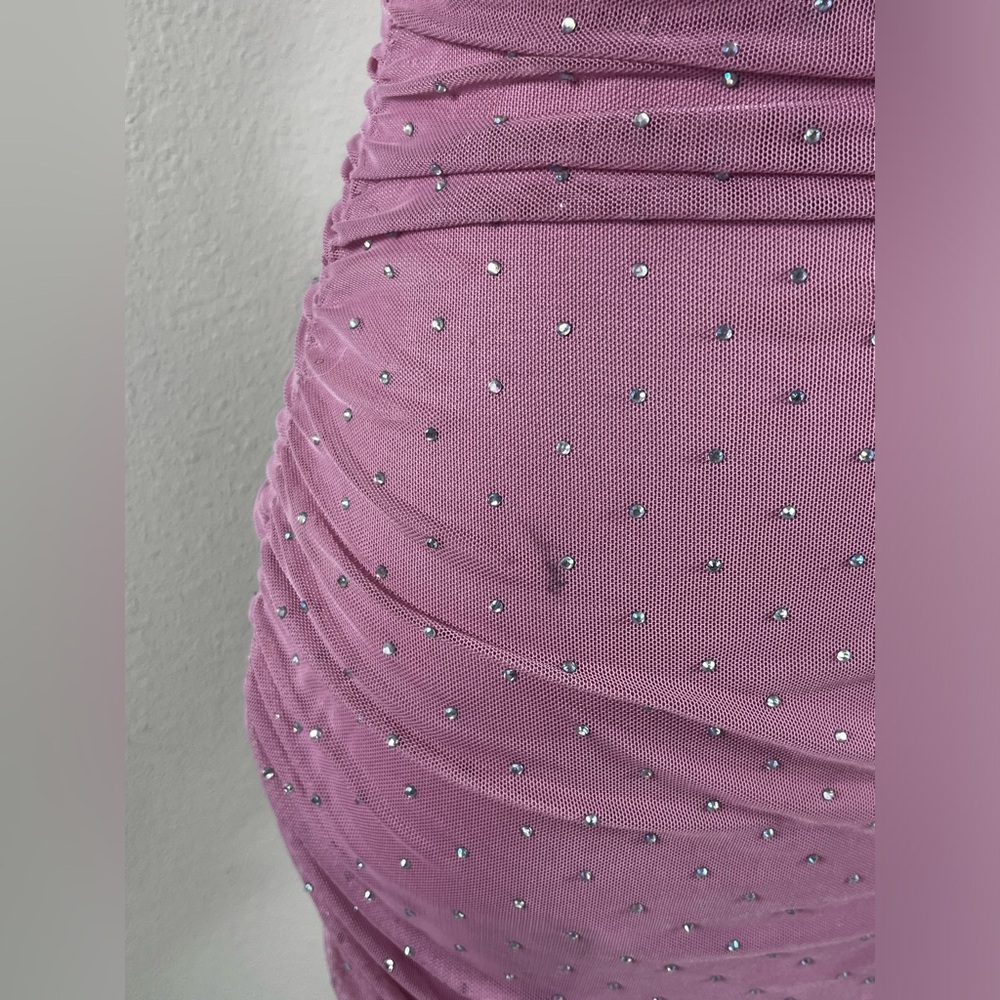 Pink Rhinestone Ruched Mini Dress - Picture 4 of 5